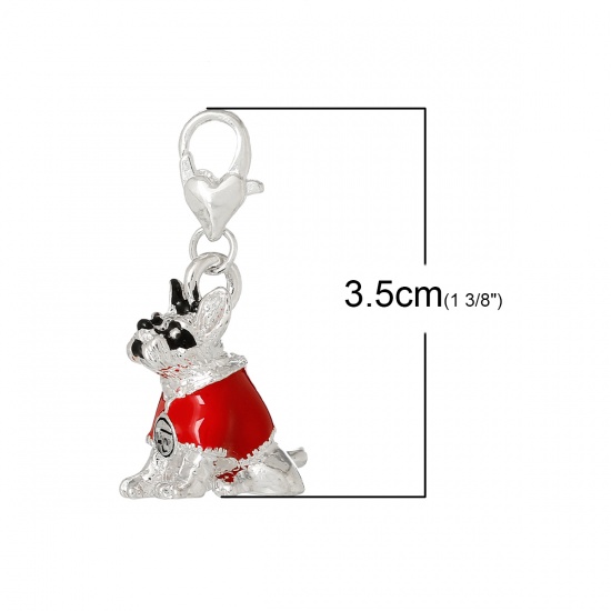 Picture of Zinc Metal Alloy Clip On Charms For Vintage Charm Bracelets Dog Animal Silver Plated Red Enamel 35mm(1 3/8") x 18mm( 6/8"), 2 PCs