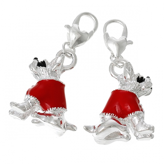 Picture of Zinc Metal Alloy Clip On Charms For Vintage Charm Bracelets Dog Animal Silver Plated Red Enamel 35mm(1 3/8") x 18mm( 6/8"), 2 PCs