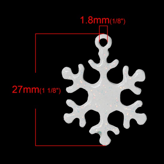 Picture of Zinc Metal Alloy Charm Pendants Christmas Snowflake White Clear Enamel Glitter 27mm(1 1/8") x 20mm(6/8"), 10 PCs