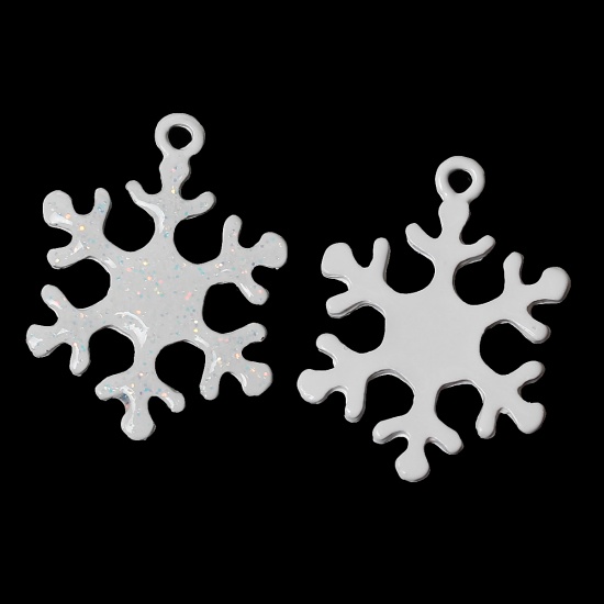 Picture of Zinc Metal Alloy Charm Pendants Christmas Snowflake White Clear Enamel Glitter 27mm(1 1/8") x 20mm(6/8"), 10 PCs