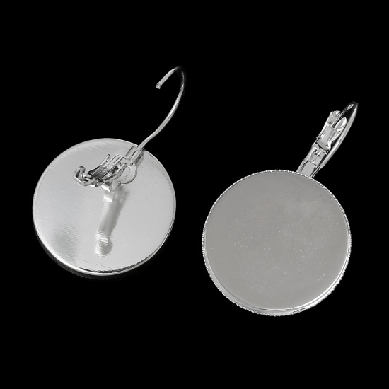 Picture of Brass Clip On Earring Cabochon Settings Round Silver Plated (Fits 20mm Dia) 34mm(1 3/8") x 21mm( 7/8"), Post/ Wire Size: (20 gauge), 50 PCs