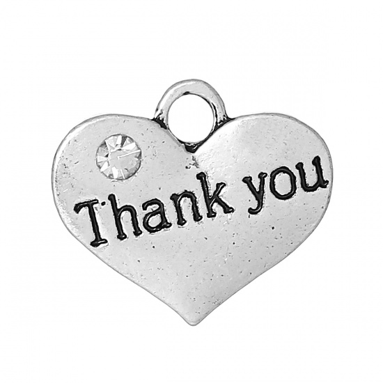 Picture of Zinc Metal Alloy Charm Pendants Heart Antique Silver Message " Thank You " Carved Clear Rhinestone 16.5mm x 14.5mm( 5/8" x 5/8"), 20 PCs