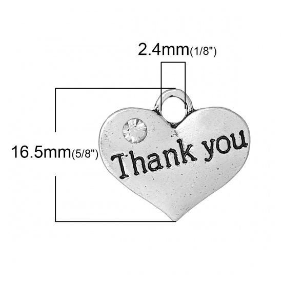 Picture of Zinc Metal Alloy Charm Pendants Heart Antique Silver Message " Thank You " Carved Clear Rhinestone 16.5mm x 14.5mm( 5/8" x 5/8"), 20 PCs