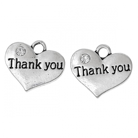 Picture of Zinc Metal Alloy Charm Pendants Heart Antique Silver Message " Thank You " Carved Clear Rhinestone 16.5mm x 14.5mm( 5/8" x 5/8"), 20 PCs