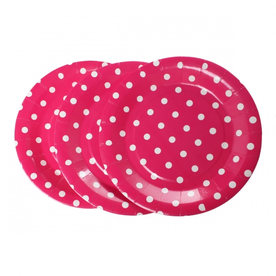 Picture of Paper Tableware Plates Party Food Round Fuchsia & White Dot Pattern 23cm(9") Dia, 12 PCs