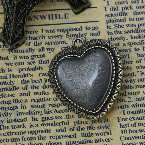 Picture of Zinc Based Alloy Cabochon Setting Pendants Heart Antique Bronze W/ Transparent Glass (Fits 25mm x23mm) 3.6cm x3.3cm, 10 Sets