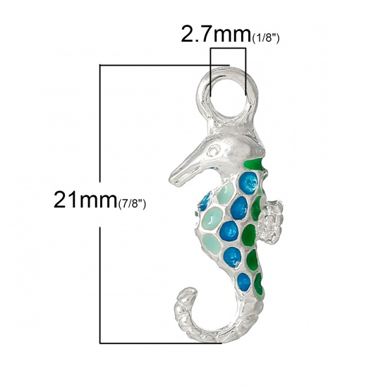 Picture of Ocean Jewelry Zinc Based Alloy Charms Seahorse Animal Silver Plated Multicolor Enamel 21mm( 7/8") x 9mm( 3/8"), 5 PCs