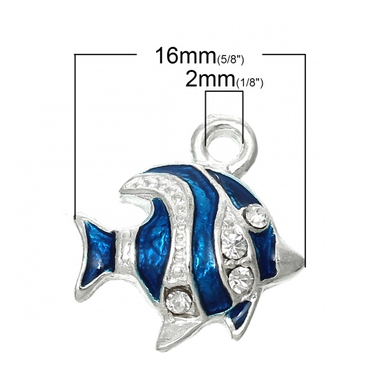 Picture of Zinc Metal Alloy Charm Pendants Fish Animal Silver Plated Clear Rhinestone Blue Enamel 18mm( 6/8") x 16mm( 5/8"), 5 PCs