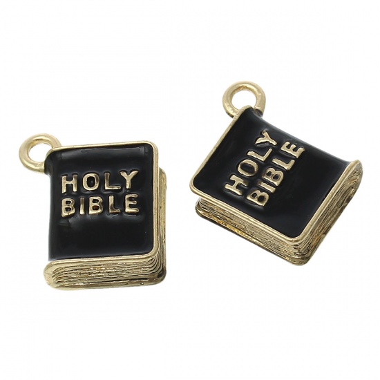 Picture of Zinc Metal Alloy Charm Pendants Bible Gold Tone Antique Gold Message " HOLY BIBLE " Carved Black Enamel 17.5mm( 6/8") x 15mm( 5/8"), 5 PCs