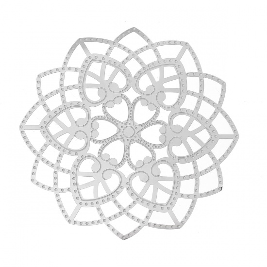 Immagine di Acciaio Inossidabile Cabochon per Abbellimento Fiore Tono Argento Cuore Disegno 6.2cm x 6.2cm, 10 Pz