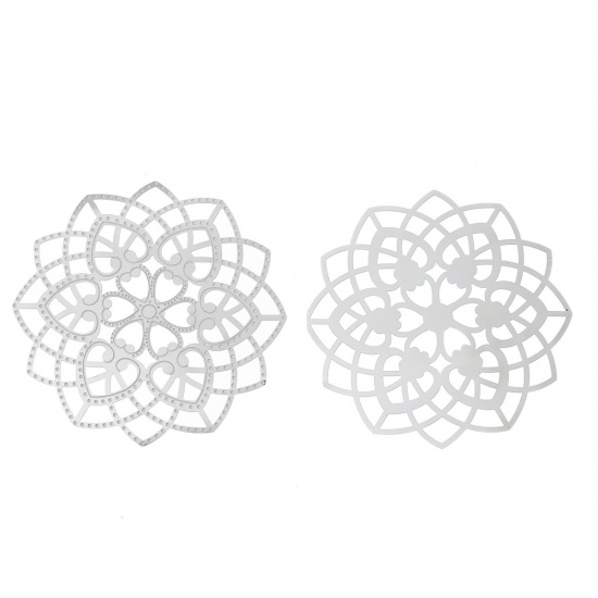 Immagine di Acciaio Inossidabile Cabochon per Abbellimento Fiore Tono Argento Cuore Disegno 6.2cm x 6.2cm, 10 Pz