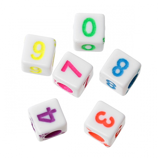 Picture of Acrylic Beads Cube At Random Number Pattern About 6mm x 6mm, Hole: Approx 4mm, 500 PCs