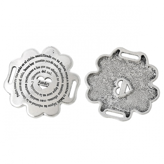 Picture of Zinc Metal Alloy Connectors Findings Flower Antique Silver Color Message Heart Carved Hollow 4.4cm(1 6/8") x 4.3cm(1 6/8"), 10 PCs