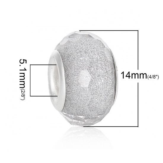 Picture of Resin European Style Large Hole Charm Beads Round Silver Plated Faceted Gray Glitter About 14mm x 9mm, Hole: Approx 5.1mm, 20 PCs