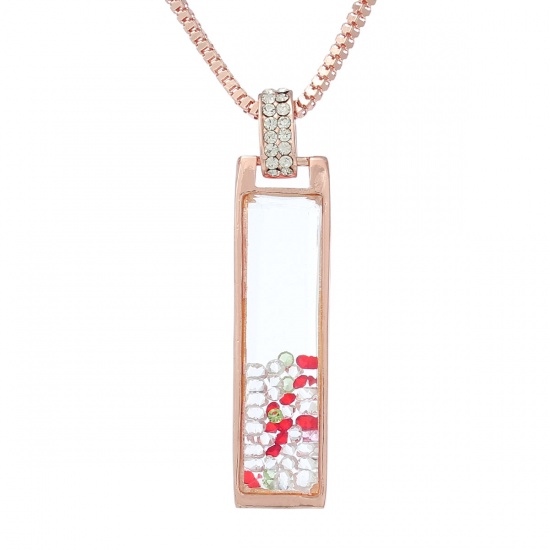Picture of Floating Living Memory Glass Locket Necklace Box Chain Rose Gold Rectangle Pendant With Multicolor Rhinestone 77.5cm(30 4/8") long, 1 Piece