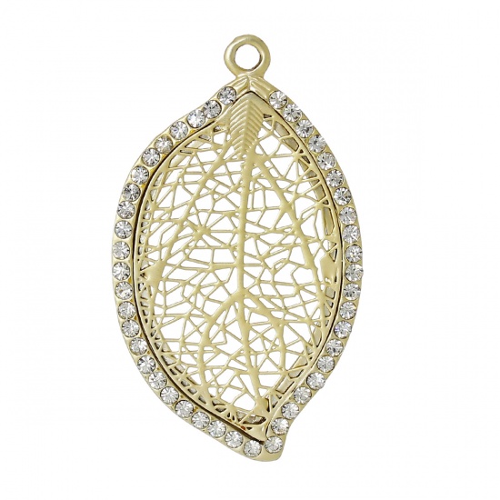 Picture of Zinc Metal Alloy Pendants Leaf Gold Plated Hollow Carved Clear Rhinestone 5.7cm(2 2/8") x 3.3cm(1 2/8"), 2 PCs