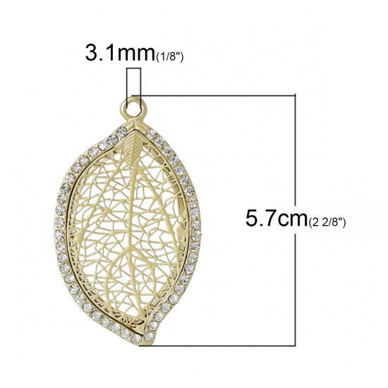 Picture of Zinc Metal Alloy Pendants Leaf Gold Plated Hollow Carved Clear Rhinestone 5.7cm(2 2/8") x 3.3cm(1 2/8"), 2 PCs