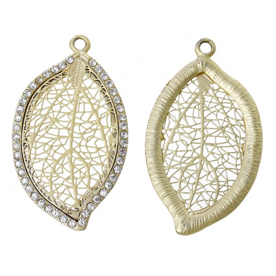 Picture of Zinc Metal Alloy Pendants Leaf Gold Plated Hollow Carved Clear Rhinestone 5.7cm(2 2/8") x 3.3cm(1 2/8"), 2 PCs