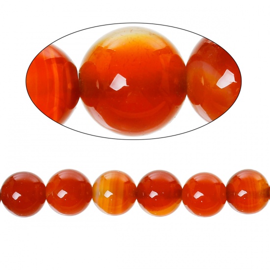(グレードB) 瑪瑙 （ 高温） ビーズ 円形 橙赤色 約 8mm直径、 穴：約 1.0mm、 40.0cm 長さ、 1 連 （約 49 PCS /一連） の画像