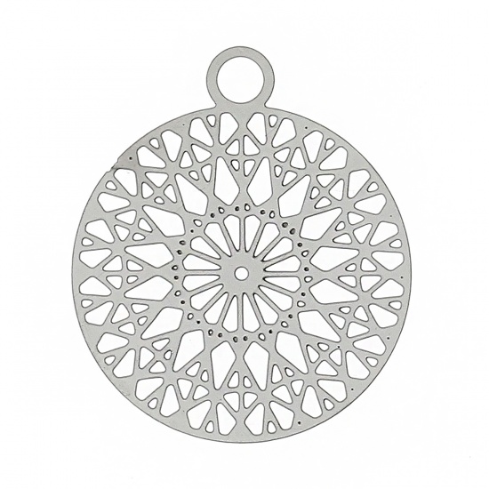 Bild von 304 Edelstahl Charm Anhänger Filigran Stempel Rund Silberfarben Muster Muster 22mm x 18mm, Dicke:0.3mm, 20 Stücke