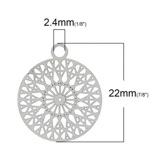 Bild von 304 Edelstahl Charm Anhänger Filigran Stempel Rund Silberfarben Muster Muster 22mm x 18mm, Dicke:0.3mm, 20 Stücke