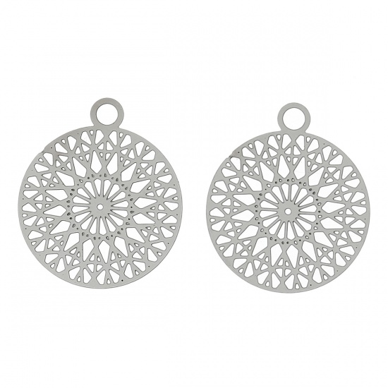 Bild von 304 Edelstahl Charm Anhänger Filigran Stempel Rund Silberfarben Muster Muster 22mm x 18mm, Dicke:0.3mm, 20 Stücke