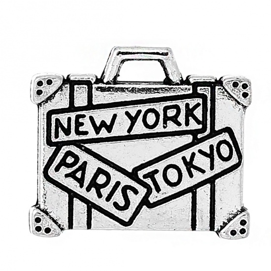 Picture of Zinc Metal Alloy Charm Pendants Suitcase Antique Silver Message " NEW YORK PARIS TOKYO " Carved 16mm( 5/8") x 14mm( 4/8"), 20 PCs