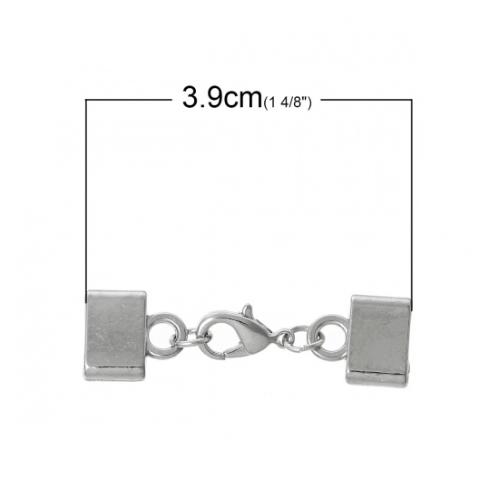 Picture of Necklace Cord End Caps Rectangle Silver Tone With Lobster Claw Clasp (Fits 7.9mm x 1.7mm Cord) 39mm x 11mm, 5 PCs