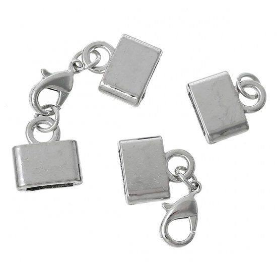 Picture of Necklace Cord End Caps Rectangle Silver Tone With Lobster Claw Clasp (Fits 7.9mm x 1.7mm Cord) 39mm x 11mm, 5 PCs