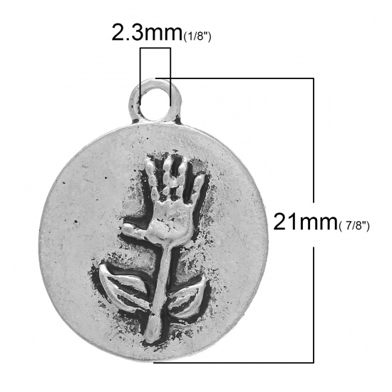 Picture of Zinc Metal Alloy Charm Pendants Round Antique Silver Hand Flower Carved 21mm( 7/8") x 17mm( 5/8"), 20 PCs