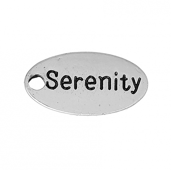 Immagine di Lega di Zinco Charm Ciondoli Tondo Argento Antico Lettere Scolpito " Serenity " 15mm x 8mm , 10 Pz