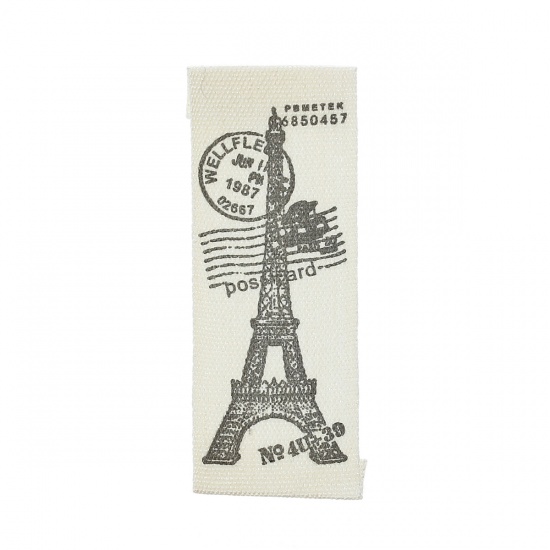 Imagen de Etiqueta tejida Algodón de Rectángulo , Blanquecino , Torre Eiffel 65.0mm 20.0mm 200 Unidades