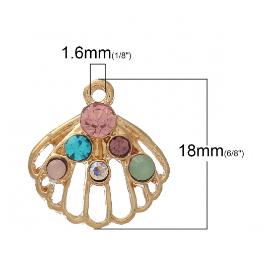Picture of Zinc Metal Alloy Charm Pendants Shell Gold Plated Multicolor Rhinestone Hollow 18mm( 6/8") x 17mm( 5/8"), 10 PCs