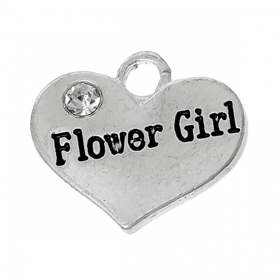 Picture of Zinc Metal Alloy Charm Pendants Heart Silver Plated Message " Flower Girl " Carved Clear Rhinestone 16mm x 14mm( 5/8" x 4/8"), 10 PCs