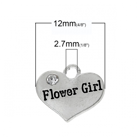 Picture of Zinc Metal Alloy Charm Pendants Heart Silver Plated Message " Flower Girl " Carved Clear Rhinestone 16mm x 14mm( 5/8" x 4/8"), 10 PCs