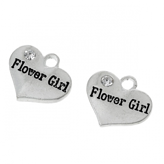 Picture of Zinc Metal Alloy Charm Pendants Heart Silver Plated Message " Flower Girl " Carved Clear Rhinestone 16mm x 14mm( 5/8" x 4/8"), 10 PCs