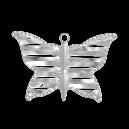 Picture of Iron Based Alloy Pendants Butterfly Animal Silver Plated Stripe Carved Hollow 39mm(1 4/8") x 26mm(1"), 20 PCs