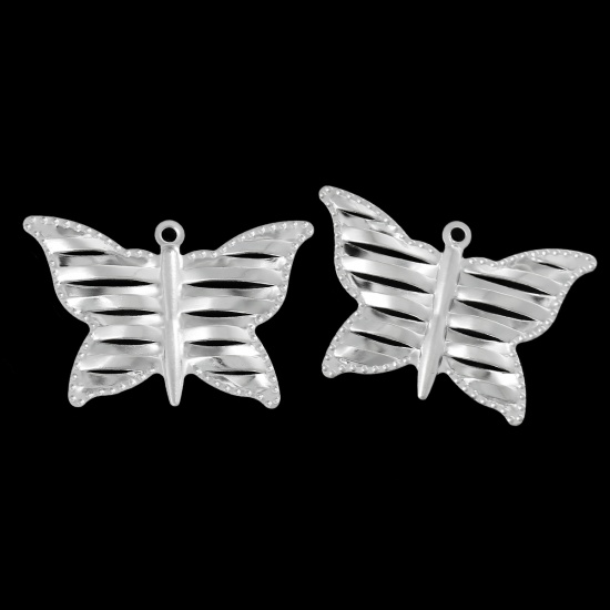 Picture of Iron Based Alloy Pendants Butterfly Animal Silver Plated Stripe Carved Hollow 39mm(1 4/8") x 26mm(1"), 20 PCs