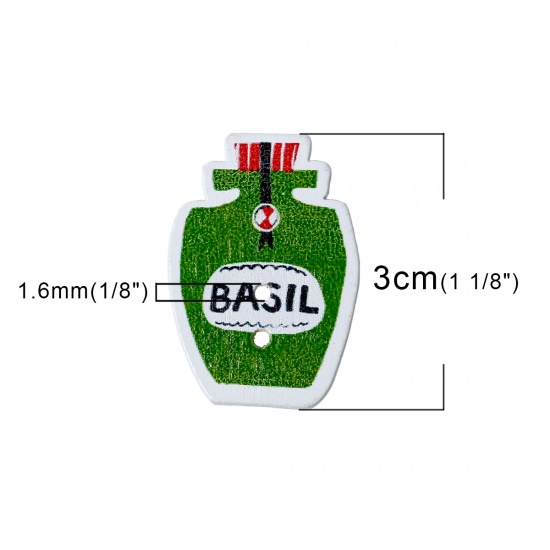 Picture of Natural Wood Sewing Buttons Scrapbooking Perfume Bottles Green 2 Holes Message " BASIL " Pattern 30mm(1 1/8") x 21mm( 7/8"), 100 PCs