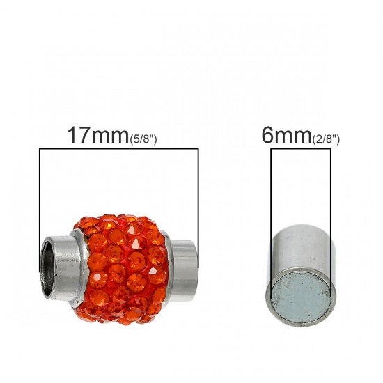 Immagine di 5 Seri Lega di Zinco Chiusura Magnetica Cilindrico Tono Argento Arancione-Rosso Strass 17mm x 12mm