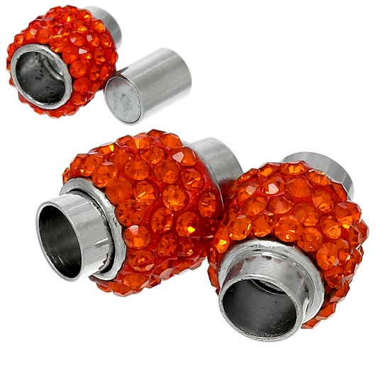 Immagine di 5 Seri Lega di Zinco Chiusura Magnetica Cilindrico Tono Argento Arancione-Rosso Strass 17mm x 12mm