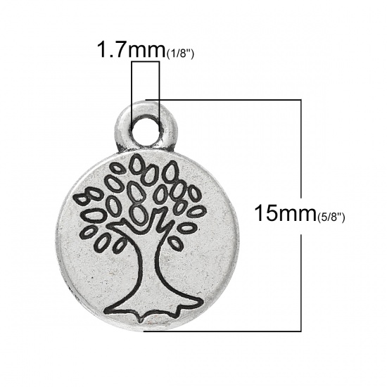 Picture of Zinc Metal Alloy Charm Pendants Round Antique Silver Tree Carved 15mm(5/8") x 12mm(4/8"), 20 PCs