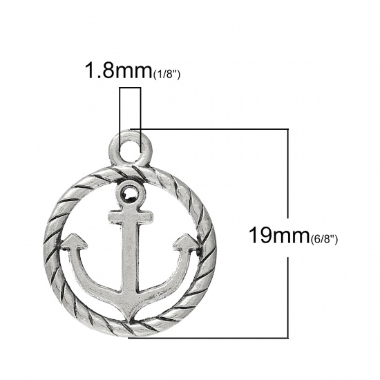 Picture of Zinc Metal Alloy Charm Pendants Round Antique Silver Anchor Carved Hollow 19mm(6/8") x 16mm(5/8"), 20 PCs