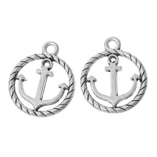 Picture of Zinc Metal Alloy Charm Pendants Round Antique Silver Anchor Carved Hollow 19mm(6/8") x 16mm(5/8"), 20 PCs