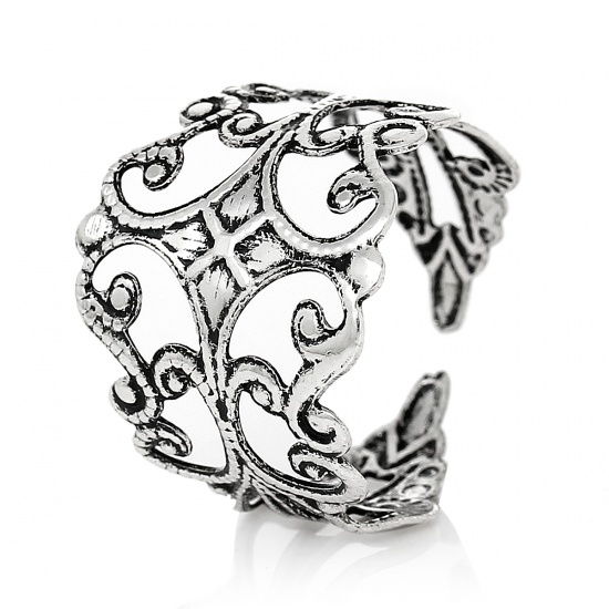 Picture of Brass Adjustable Rings Filigree Stamping Antique Silver Color Hollow 16.7mm( 5/8") (US Size 6.25), 20 PCs                                                                                                                                                     