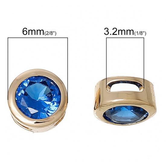 Immagine di Ottone & Zircone Cubico Perline per la Creazione di Gioielli con Ciondoli Fai-da-te Colore Oro 14K Blu Tondo Zircone Intarsiato 6mm Dia., Foro:Circa 3.2mm x 1.2mm, 2 Pz