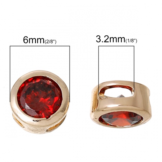 Picture of Brass & Cubic Zirconia Spacer Beads For DIY Jewelry Making 14K Gold Color Red Round Cubic Zirconia 6mm Dia., Hole: Approx 3.2mm x1.2mm, 2 PCs