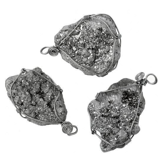 Immagine di (Grado B) Agata (Placcato) Charm Druzy /Drusy Ciondoli Irregolare Argento 5.4cm x3.7cm - 4.6cm x3.2cm, 1 Pz