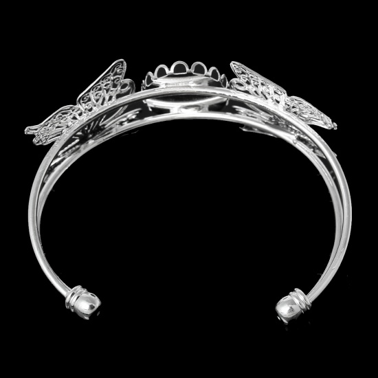 Picture of 1 Piece Zinc Based Alloy & Brass Cabochon Settings Open Cuff Bangles Bracelets Findings Butterfly Animal Silver Plated (Fits 26mm x 19mm) 16.5cm(6 4/8") long