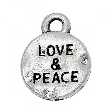 Zinc Based Alloy Hammered Charm Pendants Round Antique Silver Color Message " Love & Peace " Carved 13mm(4/8") x 10mm(3/8"), 50 PCs